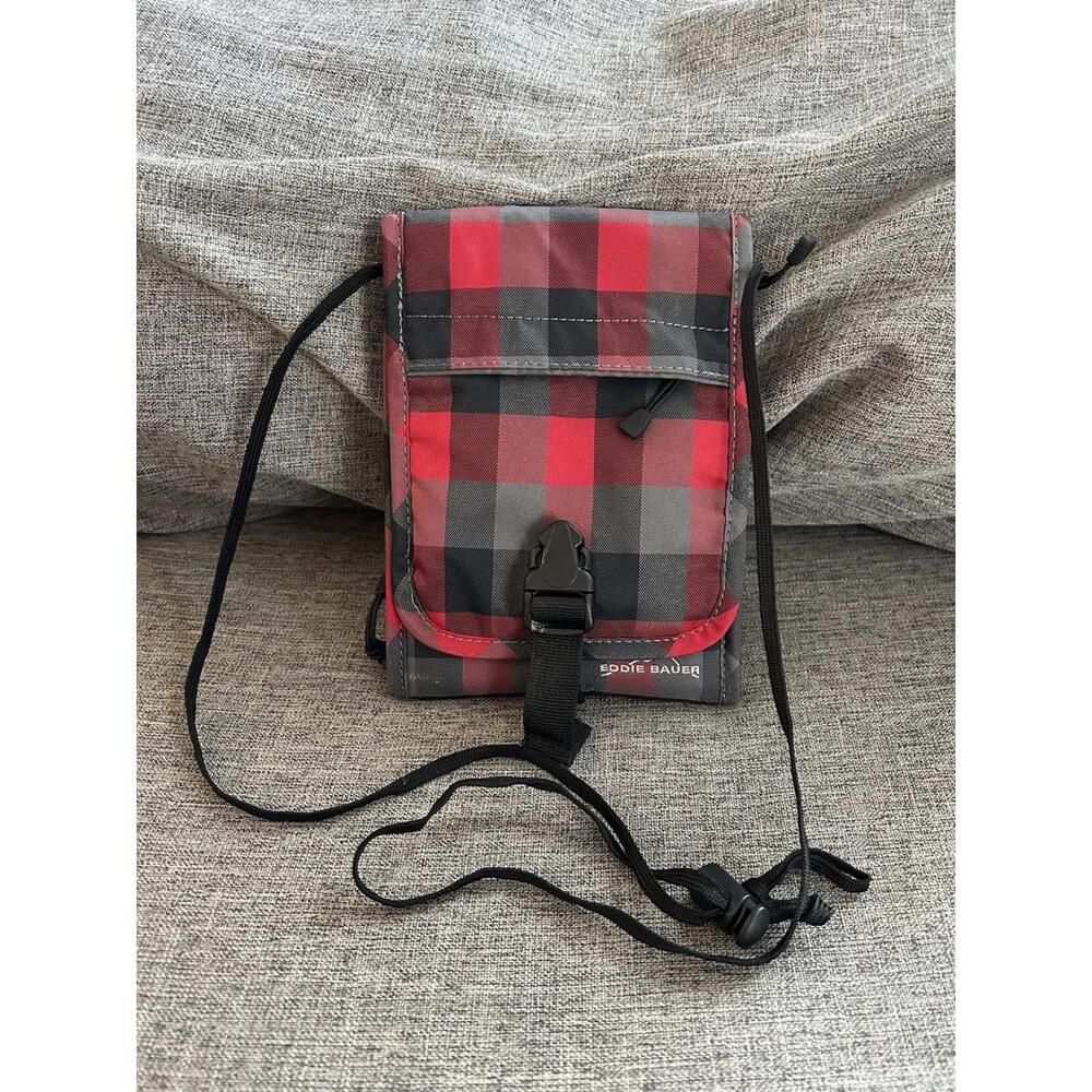 Eddie Bauer Crossbody Bag Three Inside Sections Adjustable Strap Red Gray Plaid